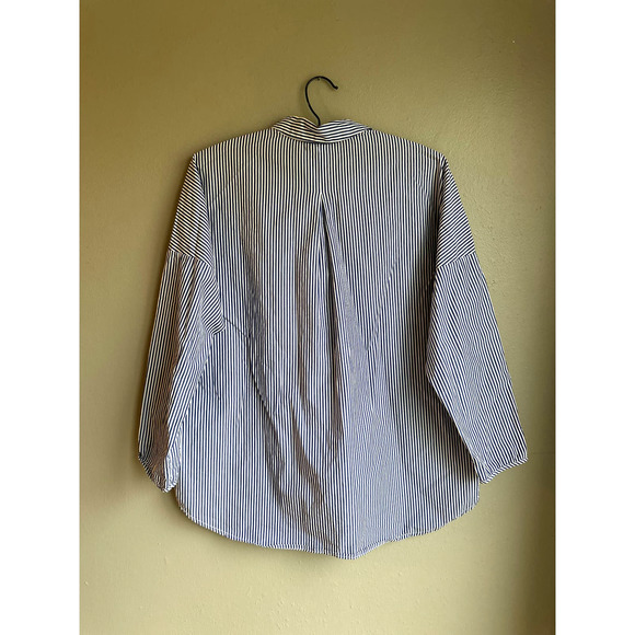 Stradivarius Womens Shirt Button Up Long Sleeves Hi-Low Striped Blue‎ White XS - Picture 2 of 3